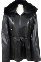 new zealand lamb belted parka with fur trim