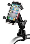 Handlebar Mount with Zinc U-Bolt (Fits .5 to 1.25 Dia. Handlebar Rail), Standard Sized Length Arm and RAM-HOL-UN7BU Universal X Grip Spring Loaded Holder (Fits Device Width 1.875" to 3.25")