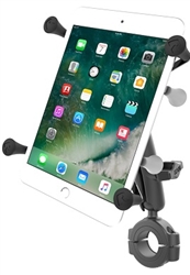 RAM Torque Handlebar/Rail Base (Fits 1 1/8" to 1.5" Diameter) with 1" Ball,  Medium/Standard Sized Length Arm & RAM-HOL-UN8BU SMALL Universal Tablet Holder fits MOST 7-8" Screens Tablets (Fits Device Width 2.5" to 5.75")