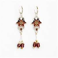 Brown & Pink flower Hamsa Earrings - by Ester Shahaf