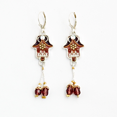 Brown & Pink flower Hamsa Earrings - by Ester Shahaf