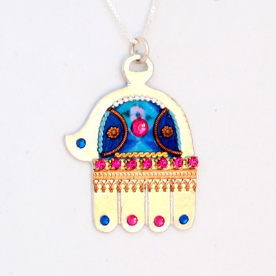 Large Silver Hamsa Blue Necklace by Ester Shahaf