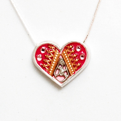 Red Medium Silver Heart Pendant by Ester Shahaf