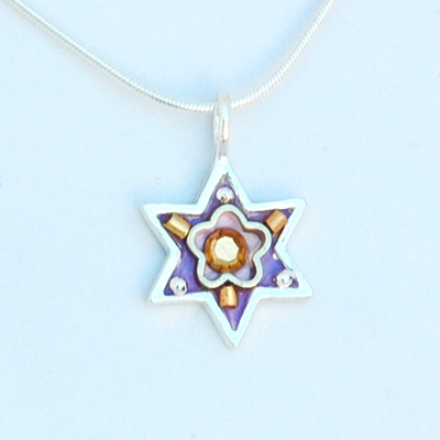 Purple Flower Wheat Branch Star of David Necklace - Small by Ester Shahaf