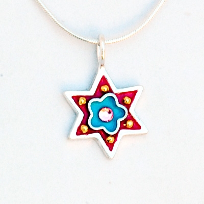 Red & Blue Flower Star of David Necklace - Small by Ester Shahaf