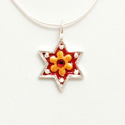 Red Flower Small Star of David Necklace by Ester Shahaf