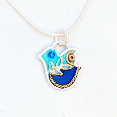 Blue  Silver Dove Necklace by Ester Shahaf
