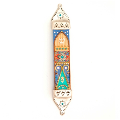 Purple & Green Wood & Pewter Mezuzah Case by Ester Shahaf