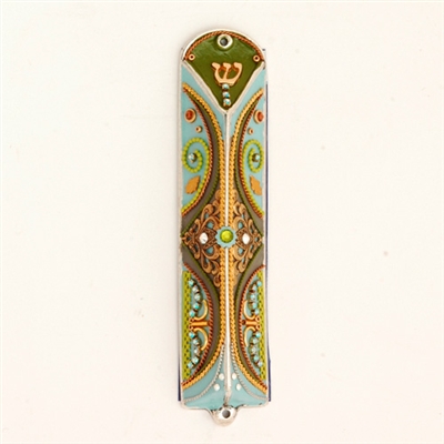 Green & Blue Triangle Mezuzah Case by Ester Shahaf