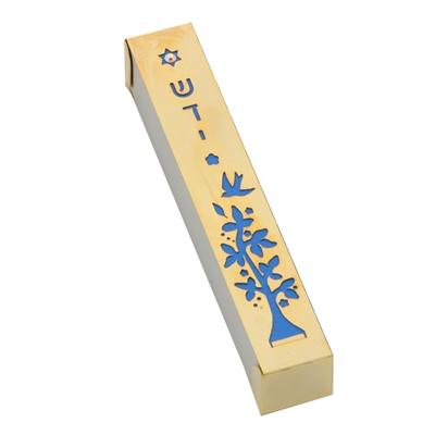 Gold-Blue Tree Jewish Mezuzah Case by Ester Shahaf