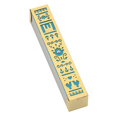 Flowers Mezuzah Case - Gold and Blue by Ester Shahaf