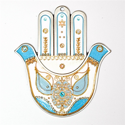 Blue & White Doves Hamsa Hand by Ester Shahaf