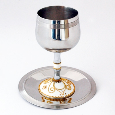 Gold & White Stainless Steel Kiddush Cup by Ester Shahaf