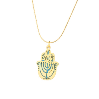 Small Blue Menorah Hamsa Necklace by Ester Shahaf
