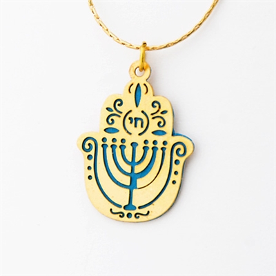 Blue Menorah Hamsa Necklace by Ester Shahaf