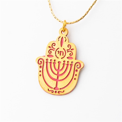 Pink Menorah Hamsa Necklace by Ester Shahaf