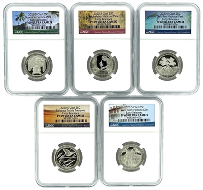 NGC PF69 2020 Early Release National Park Clad Proof Quarter 5 Coin Set