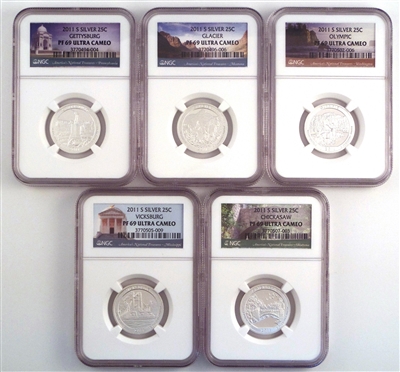 NGC PF69 2011 National Park Silver Proof Quarter 5 Coin Set