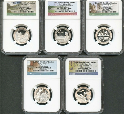 NGC PF70 Early Release 2019 National Park Silver Proof Quarter 5 Coin Set