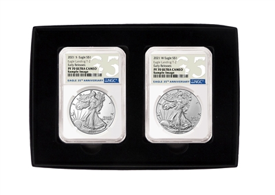 2021 S and W NGC PF 70 Silver Eagle 2 Coin Set in Black Box T-2 Early Release 35th Anniversary Labels 1oz Silver Coins
