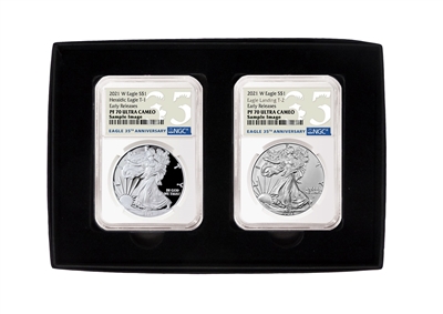 2021 W NGC PF 69 Silver Eagle 2 Coin Set in Black Box - T-1 and T-2 Early Release 35th Anniversary Label 1oz Silver Coin