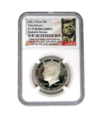 2021 S NGC PF70 Silver Proof Kennedy Half Dollar Early Releases Portrait Label