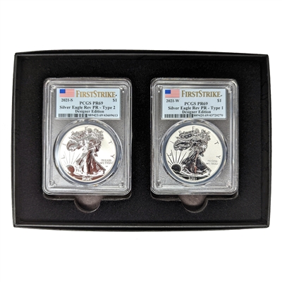 2 Coin - 2021 PCGS Reverse Proof 69 Silver Eagle T-1 W and T-2 S - 35th Anniversary Label from the Silver Design Set in Black Velvet Lined Box