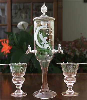 Etched La Fee Verte Deluxe 2 Spout Absinthe Fountain With Glasses & Spoons