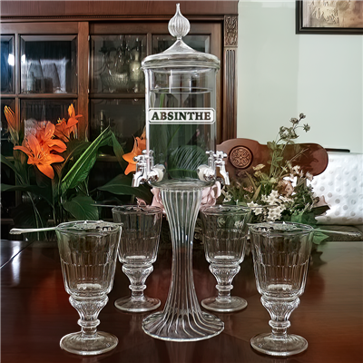 Etched ABSINTHE Deluxe 4 Spout Absinthe Fountain With Glasses & Spoons