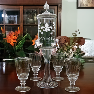 Etched  Deluxe 4 Spout Absinthe Fountain With Glasses & Spoons