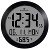 Round Digital Wall Clock with Date and Indoor Temperature. Foldout Table Stand - Batteries Included (Black Steel)