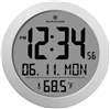 Round Digital Wall Clock with Date and Indoor Temperature. Foldout Table Stand - Batteries Included (Stainless Steel)