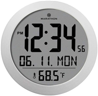 Round Digital Wall Clock with Date and Indoor Temperature. Foldout Table Stand - Batteries Included (Stainless Steel)