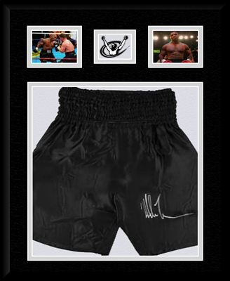 MIKE TYSON SIGNED & FRAMED BOXING TRUNKS