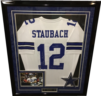 Roger Staubach Signed & Inscribed Jersey Framed