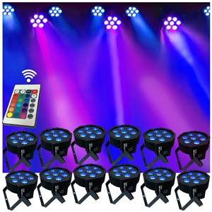 Up-Lighting System - 12 FlatPar HEX Color 7 x 10 watt RGBAW Up Lights w/Easy Remote Control - Adkins Professional Lighting