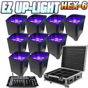 LED Battery Powered Wireless DMX - 16 Hour - 9 Lights w/Case - 6x6W RGBAW+UV