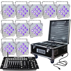 LED Battery Powered Wireless DMX - 16 Hour - 10 Lights w/Case - 9x6W RGBAW+UV - w/ Easy Controller - Wedding Up Lights