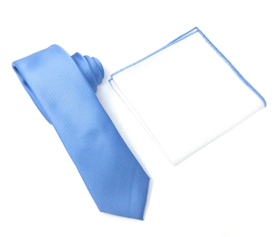 Corded Weave Solid Baby Blue Skinny Tie With A White Pocket Square With Baby Blue Colored Trim CWSKT-141A