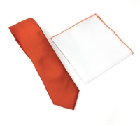 Corded Weave Solid Rust Color Skinny Tie Set Including White Pocket Square With Rust Color Trim CWSKT-159A