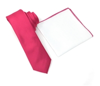 Corded Weave Solid French Rose Color Skinny Tie With A White Pocket Square With French Rose Colored TrimCWSKT-160A