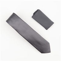 Grey Satin Finish Silk Necktie with Matching Pocket Square SWTH-209