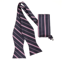 Navy with Pink Striped Designed Self - Tied Bow Tie with Matching Pocket Square SBWTH-972