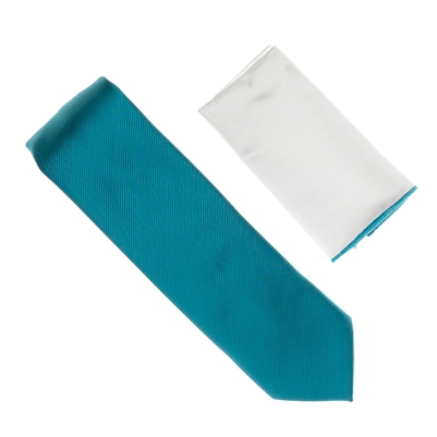 Cyan Blue Tie With A White Pocket Square With Cyan Blue Colored Trim SWTH-146A