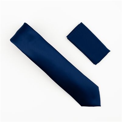 Midnight Blue Satin Finish Silk Necktie with Matching Pocket Square SWTH-201