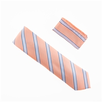 Pink With Blue, Silver and White Striped Necktie With Matching Pocket Square WTH-909