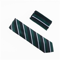 Forest Green, Black. Silver and Grey Striped Designed Necktie With Matching Pocket Square WTH-BB88