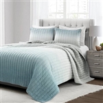 King Size Aqua Grey Ombre Crinkle 3 Piece Quilt Set