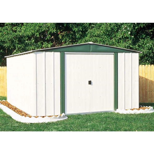 Outdoor 6-ft x 8-ft Steel Storage Shed with Sliding Doors in White Eggshell and Green Color