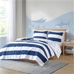 Full/Queen 3 Piece Coastal Reversible Navy/White Sharks Cotton Quilt Set